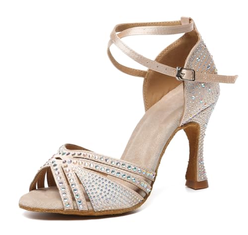 Chaussures danse latine strass L640 Nude anti-douleur talon 9 cm