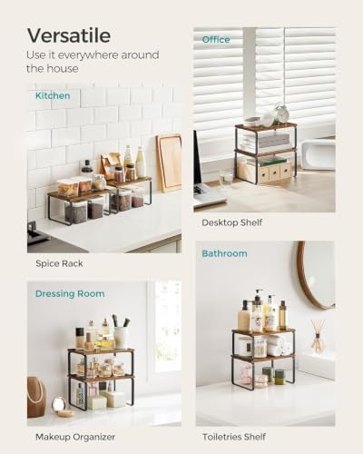 Image of ABJA Kitchen Organizer Racks, Set of 2 Wooden Rack for Kitchen Storage, Counter Top Stackable, Expandable, Adjustable Shelves (Rustic Brown, 2 Tier Stack)