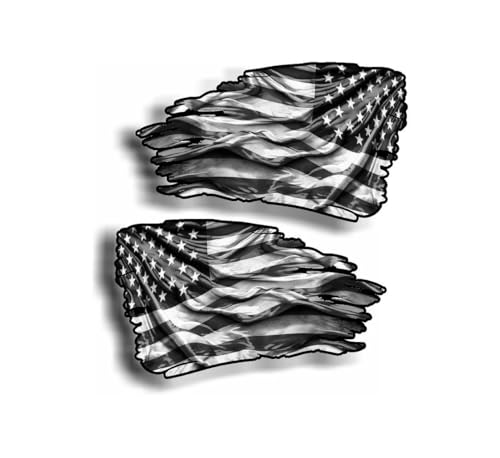 Image of American Flag Tattered Decal Set, Distressed Vinyl Stickers, Full Color and Black White Options, 2-Piece (2 inchx4 inch Two Pack B /W)
