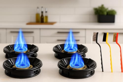 JUNJULA Black Gas Saver Burner Saver Stand Jali Ring Fire & Windproof Energy Saving, Set of 3 Pc Mini Wire Brush Cleaning Tool Kit Brass, Nylon, Stainless Steel Bristles (4pcs Gas Burner)