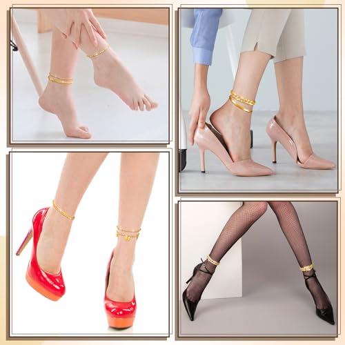 Quelay 10-Piece Gold Cuban Link Anklet Set – Adjustable, Waterproof Ankle Bracelets for Women – 14k Gold Plated Layered Chains for Beach and Everyday Wear - Image 5