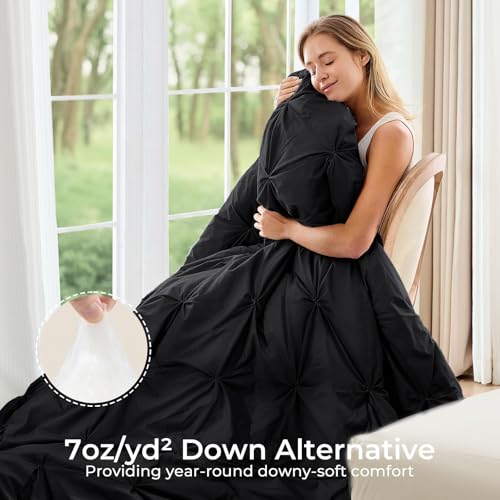 Image of Sasttie King Size Comforter Set, 7-Piece Bed in a Bag, Pintuck Bedding Set for All Season, Includes Comforter, Flat Sheet, Fitted Sheet, Pillowcases and Pillowshams, Black