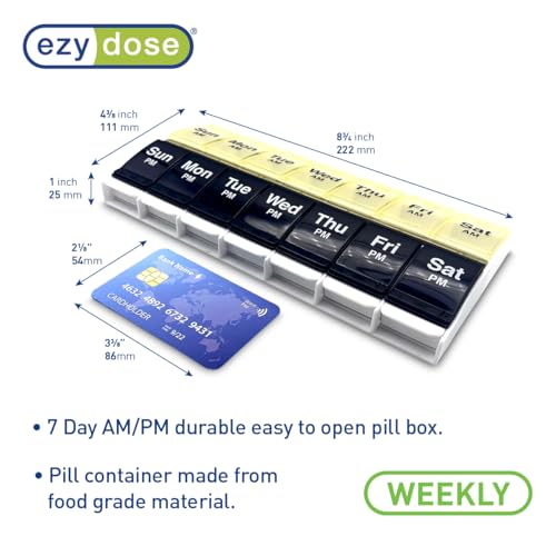 Image of Ezy Dose Weekly (7-Day) AM /PM Pill Organizer, X-Large Case, Black /Yellow | Daily Vitamin Box & Supplement Planner, 2 Times a Day Push Button Compartments, Arthritis-Friendly, Travel-Friendly, BPA-Free