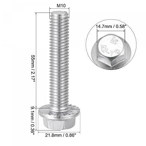 Image of uxcell M10x55mm Hex Serrated Flange Bolts Screws Metric Thread 304 Stainless Steel 6pcs