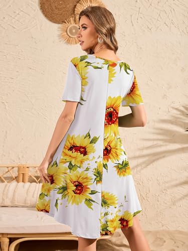 Image of DEARCASE Women's Short Sleeve Casual Sweater Tunic Dress V-Neck Loose Boho Knee Length Fall Summer Petite Stretch A-Line Wedding Guest Flowy Swing Church Tshirt Dresses Sunflower White XX-Large