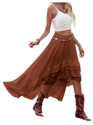 Verdusa Women's Western Boho Lace Ruffle Skirt Asymmetrical Country Cowgirl Skirts Rust Brown Small