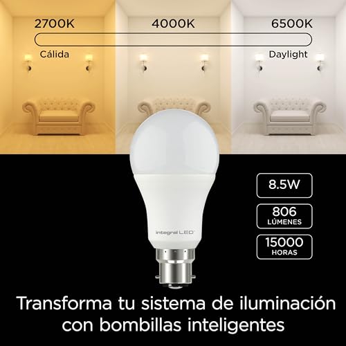 Integral LED 2 Pack Smart GLS B22 Dimmable Colour Changing 2.4GHz WiFi Bulb – Warm, Cool & Daylight White 2700K-6500K, 806lm, 8.5W (60W Equivalent) – App Controlled and Alexa & Google Home Compatible - Image 3