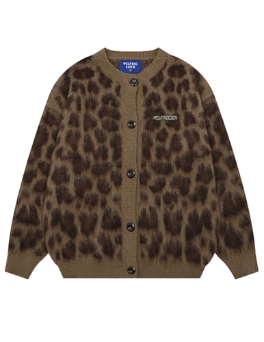 Aelfric Eden Leopard Print Cardigan Sweaters for Women Oversized Cheetah Y2k Crewneck Button Down Long Sleeve Cardigans