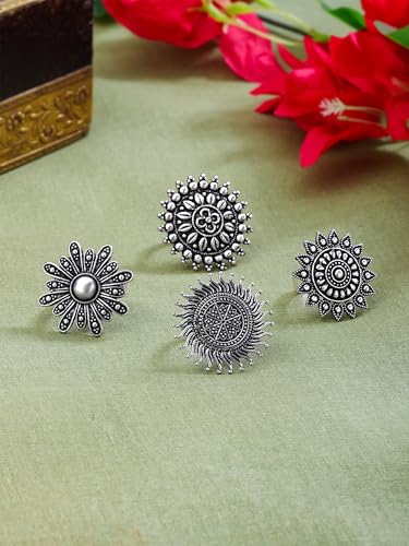 Image of Yellow Chimes Rings for Women and Girls | Traditional Silver Oxidised Ring Set | Big Charm Floral Oxidised Rings for Girls | Floral Shaped Combo for Women | Accessories Jewellery for Women | Birthday Gift for Girls and Women Anniversary Gift for Wife