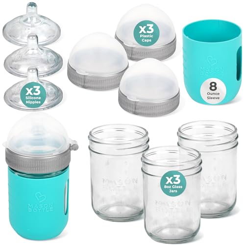 Image of Mason Bottle Baby Glass Bottles Gift Set - Includes 3X Anti Colic Glass Baby Bottle 8 oz, 3X Slow Flow Nipple, 3X Cap+Ring, 1x Silicone Sleeve - BPA Free, Non Toxic Glass Feeding Bottles for Babies
