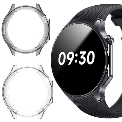 Compatible for OnePlus Watch 2 Case, Lamshaw TPU Silicone Slim Case Shock-Proof Cover Protective Bumper Shell Case Compatible for OnePlus Watch 2 Smartwatch (2 Pack-Black+Clear)