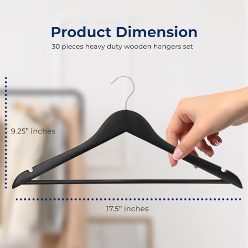 SereneLife 30-Pack Black Wooden Clothes Hangers – 14” Heavy-Duty Solid Wood with Pants Bar, Non-Slip Notches & 360° Chrome Swivel Hook, Space-Saving Coat, Jacket & Suit Hangers for Closet Organization - Image 3