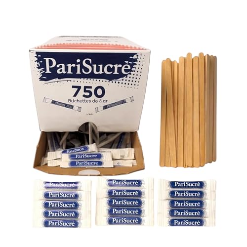Lot de 750 Dosette Sucre Bûchettes Individuels de 4g (3kg) avec un lot d'agitateurs en bois - Idéal pour les Boissons Chaudes, Cafés et Thés