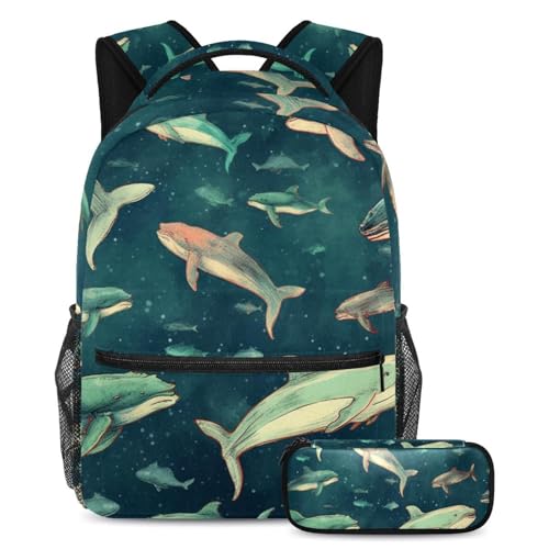 Sac à dos baleine bleue pour ranger grand cahier et trousse à crayons