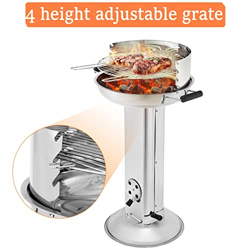 Foto von Säulengrill Edelstahl, Holzkohlegrill, Standgrill, inkl. Höhenverstellbarem Grillrost（H:9-20cm, Ø 39 cm）, Ascheschale und Lüftungsregler, 52 * 43 * 84,5cm, leicht zu tragen