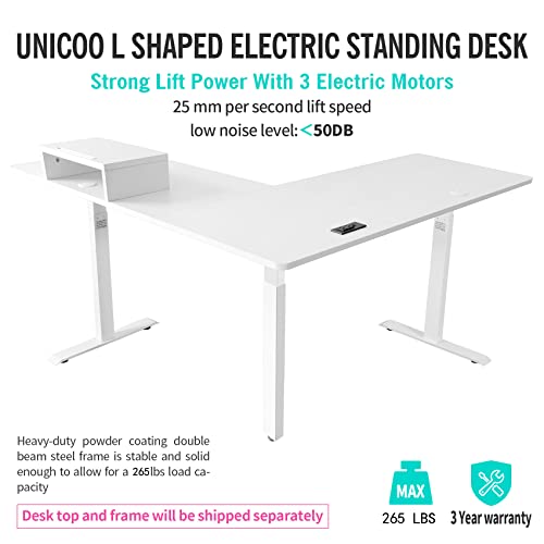 Unicoo - L Shaped Triple Motor Electric Height Adjustable Standing Desk, Computer Corner Desk, Home Gaming Desk, Office Writing Workstation (White Top/White Frame - Xot-L3E-Ww) #TOP4