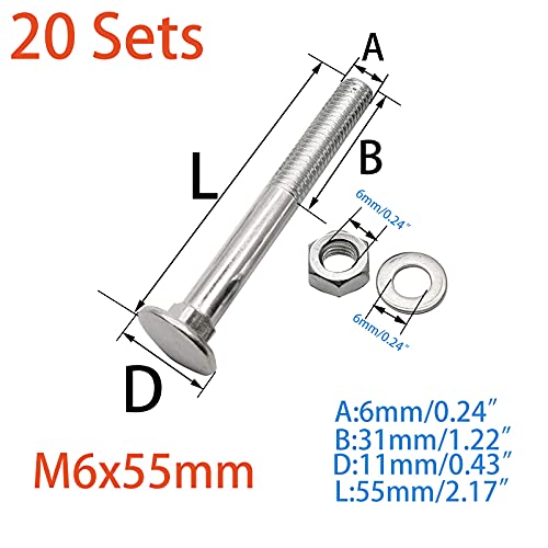 Image of 20 Sets Long Square-Neck Carriage Bolts Set,Carriage Bolts Set w /Nuts & Flat Washers,Zinc-Plated,Carbon Steel Grade 4.8,Plain Finish,Partial Threaded(M6-1.0X55mm)
