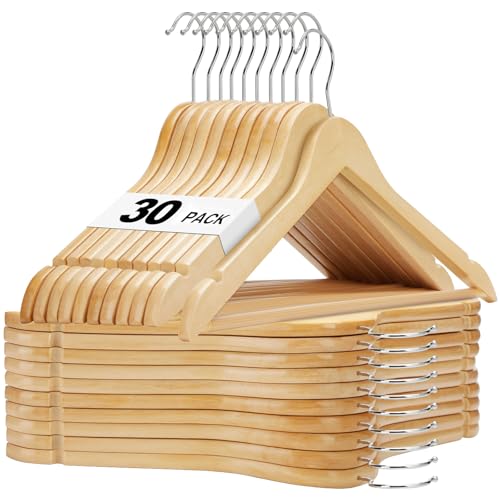 HOUSE DAY Wooden Hangers 30 Pack, Solid Wood Clothes Hangers with Non Slip Pant Bar, Heavy Duty Wooden Coat Hanger for Closet, Smooth Finish Wood Hangers for Shirts, Suits Jackets, Dress, Natural