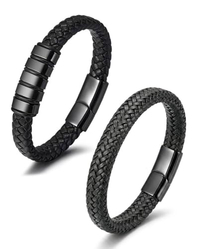 JEXOWIQ 2 piezas Pulsera Premium para Hombre en Cuero Genuino,pulseras, Cierre Magnético Acero Inoxidable,Ideal para Regalar, personalizada, hombre cuero