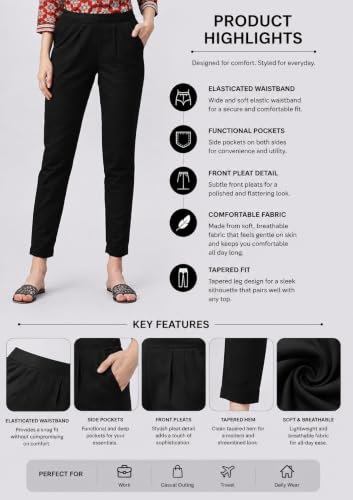 Image of DIGITAL SHOPEE Women Cotton Regular Fit Elastic Waist Casual Ankle Pant Trouser with Two Side Pocket