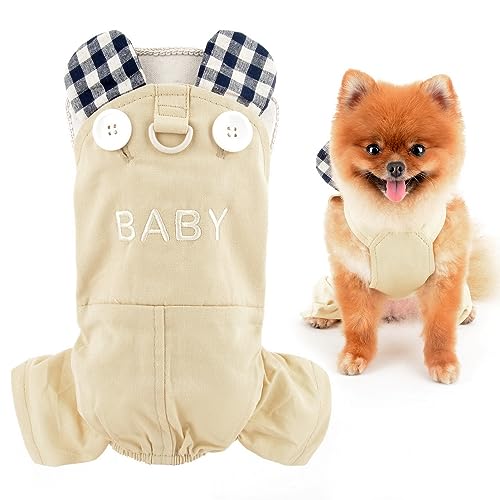 SMALLLEE_LUCKY_STORE Pet Clothes Costume Cute Plaid Bunny Ears Puppy Overalls for Small Dogs Cats with D-Ring Shirt Pants Outfits Yorkie Chihuahua One Piece Jumpsuit,Khaki,XL