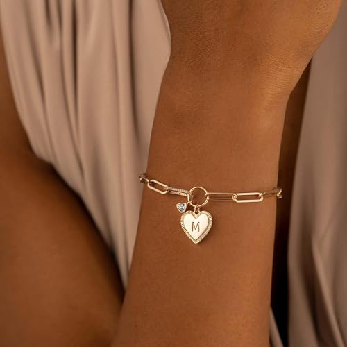 Image of MYEARS Valentines Day Gifts for Women - Gold Initial Bracelets for Women Trendy 14K Gold Plated Heart Letter A-Z Charm Bracelets Paperclip Chain Personalized Jewelry Birthday Gifts for Her