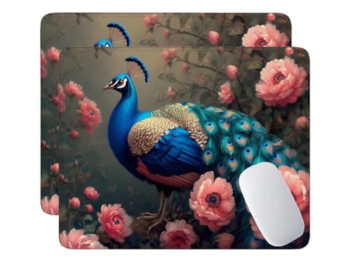 Alfombrilla de Ratón para Juegos 400x300x3 mm, 2 Pcs Alfombrilla Ratón Flores pavo real, Alfombrilla de Ratón de Sobremesa para Portátil, Alfombrilla de Ratón con Base de Goma Antideslizante Y-410