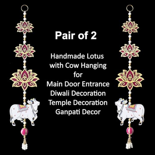 Image of Saugat Traders Handmade Lotus with Cow Hangings for Decoration, Home Decor, Pooja Room Temple, Main Door - Hanging for Main Door Entrance - Traditional Wall Hanging 1 Pair