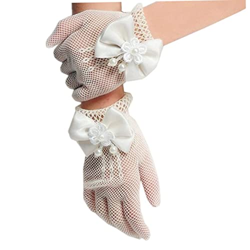 Tsawntd Gants en Dentelle avec nœud Papillon pour Filles, décor de Perles en Dentelle avec nœud Papillon pour soirée de Concours Sainte Communion