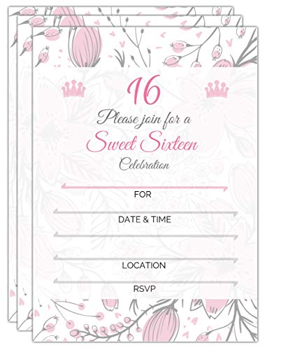 Sweet 16 (Sixteen) Party Invitations with envelopes | Blank Fill-in Invites | 5