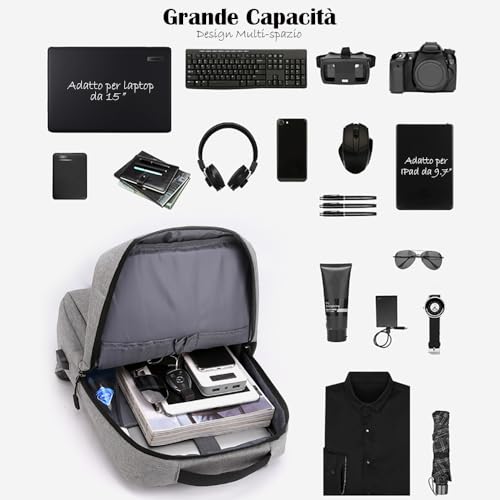 Mixroom - Mochila porta PC hombre Laptop Bolsa para PC portátil porta ordenador Funda Notebook 15" Dos bolsillos frontales con conexión USB Z1, Negro , 40 x 28 x 12 cm - imagen 8