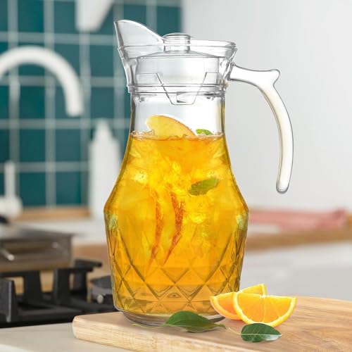Image of bellemax Premium Water and Juice Glasses Set of 6 and Jugs Set Combo,(6 Pieces Glasses 230ML and 1 Water Juice Jug 1 Liter), Transparent, Glass and Jug Set for Dining Table (Golden - A)