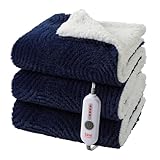 TiMiCalda Heated Throw Blanket Electric - 50'x60' Cozy Soft Jacquard Heating Blanket with 4 Heat Levels 4 Hours Auto-Off, Electric Throw with Overheating Protection, Warm Gifts, Navy