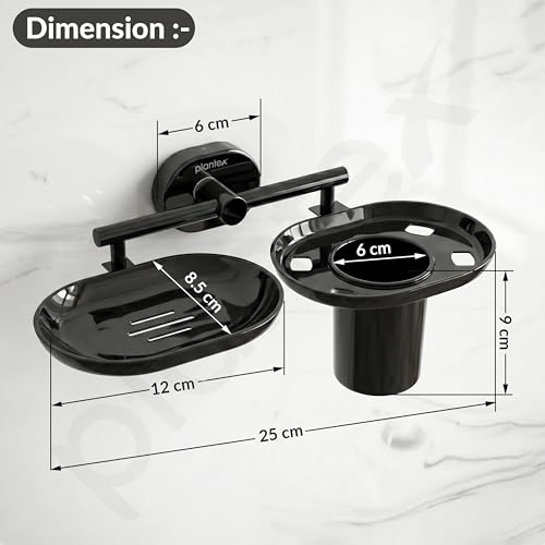 Image of Plantex J4 Stainless Steel Soap Dish with Tumbler Holder /Soap and Brush Holder for Bathrooom /2 in 1 Soap Holder with Toothbrush Holder /Bathroom Accessories (PVD Black Finish) Onix