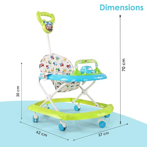 Image of BabyGo Gogo Baby Walker for 6-24 Months, Baby Walker with Push Handle & Activity Tray, Foldable Adjustable Height Infant Walker with Wheels, Music,Toy Bar and Comfotable seat (Blue -Green)