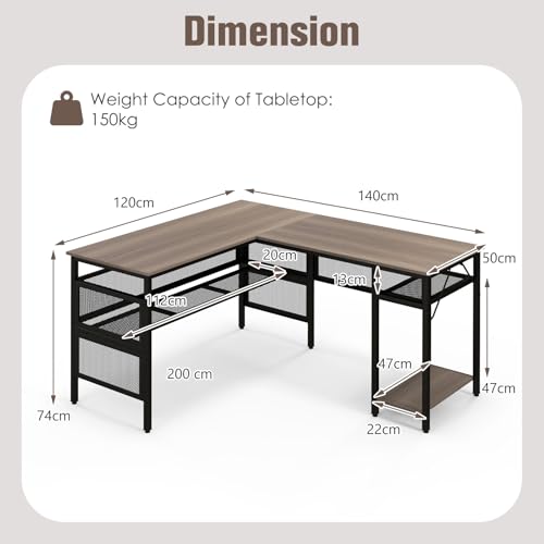GIANTEX L-vormig bureau met laadstation, omkeerbare computertafel in een hoek van 140 cm met netplanken, CPU-standaard, gaming-bureau voor 2 personen - Afbeelding 4