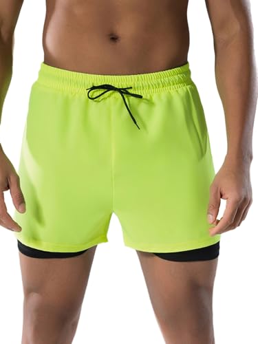 Men Beach Pool Party Solid Color Swim Shorts Double Layers Drawstrings Swim Trunks Beachwear Bathing Suit