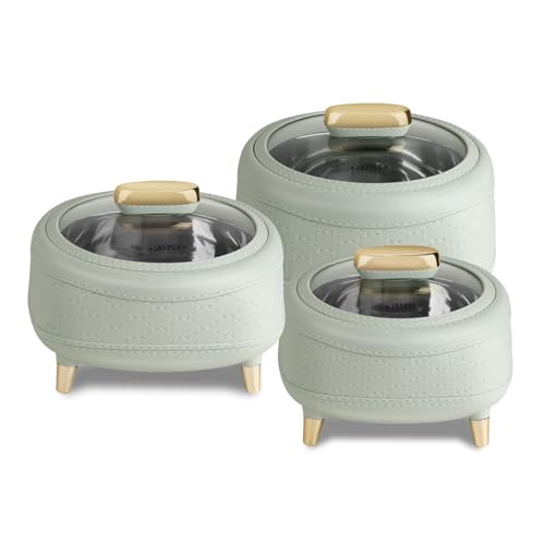 Image of JAYPEE Kingston Klass Stitched Leather Luxurious Outer & Inner Stainless Steel Casserole Set of 3 with Glass Lid(1500+2000+2500)ml PUF Insulated Serving casserole Set Roti Box Hot Box BPA Free,P.Green