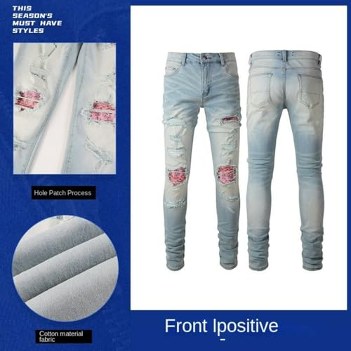 Jeans Pants Trouser Denim Men Stretch Slim Fit Worn Hole Patched with Scratching Fading Street Trendy Washed Light Blue(Light Blue,31)3