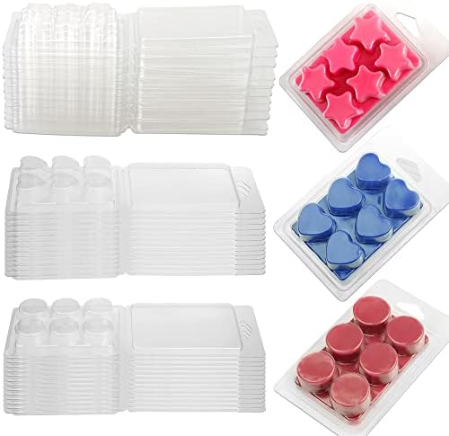 MILIVIXAY 50Pack Wax Melt Containers-6 Cavity Clear Empty Plastic Wax Melt Molds-20 Pack Pentacle Shape Molds - 20 Pack Heart Molds - 10 Pack Round Molds - Clamshells for Tarts Wax Melts.