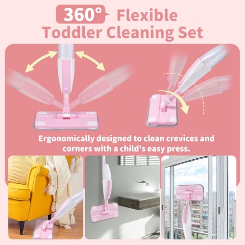Lullulii Kids Spray Mop,Fun & Functional Toddler Cleaning Set,Real Working Mop for Floors,Pretend Play – Includes Spray Bottle, 2 Washable Microfiber Pads, Montessori Kids Cleaning Toy Set -Pink — view 4