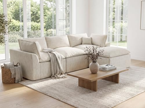 Image of COSIEST 108'' Boneless Sectional Couch, Modular Sectional Sofa with Ottoman, 4 Seater L Shaped Cloud Couch for Living Room, Beige
