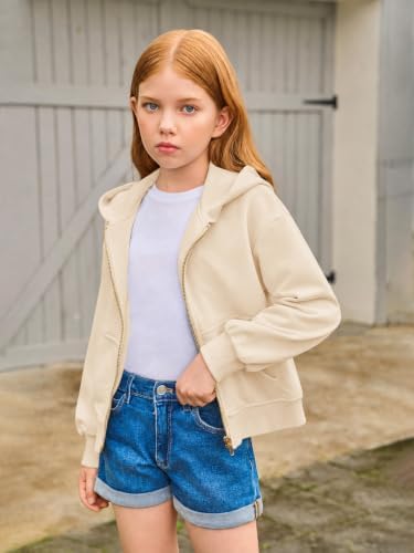 Haloumoning Girls Zip Up Hoodies Kids Casual Long Sleeve Sweatshirt Fall Jacket with Pockets 5-14 Years Light Khaki — view 2