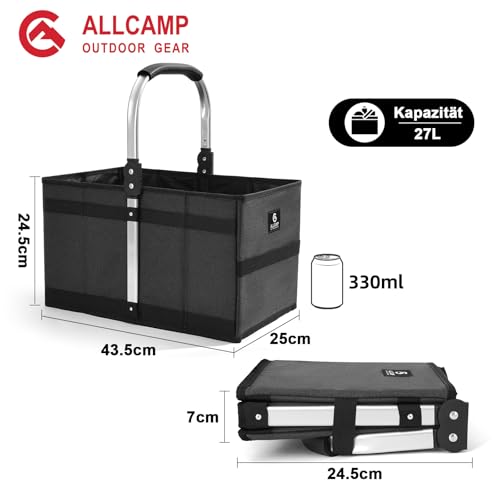 ALLCAMP 27L Einkaufskorb Faltbar | Verstärkter Boden & Alu-Griff | Stabil & Platzsparend für Kofferraum und Einkauf Schwarz (43,5 x 25 x 24,5 cm)