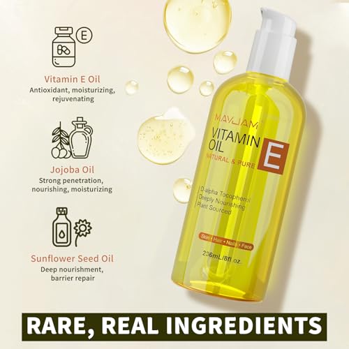 MAYJAM Vitamin E Öl 50,000 IU, Trägeröl 100% Reines Natürliches Premium Qualität, Pflegeöl Mit Jojobaöl, Körperöl für Haut, Gesicht, Haare und Narben, Reparatur und Pflege, Vitamin E Oil 236ML