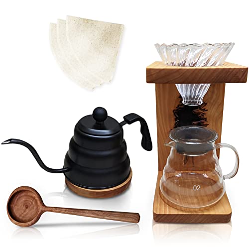 Coffee Pour Over Set - Hand Crafted Wooden Pour Over Coffee Set - Coffee Dripper Set Includes - Pour Over Coffee Stand, Stainless Steel Kettle, Glass Carafe, Hemp Filters and Coaster - Premium Glass Drip Coffee Maker Pour Over