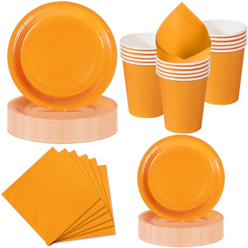 Nkaiso Stoviglie per Feste 50 Pezzi Arancione Vivace, 10 x 23cm & 10 x 18cm Piatti di Carta, 10 Tazze, 20 Tovaglioli - Per Halloween, Compleanno Bambino, Festa Autunnale -10 Ospiti