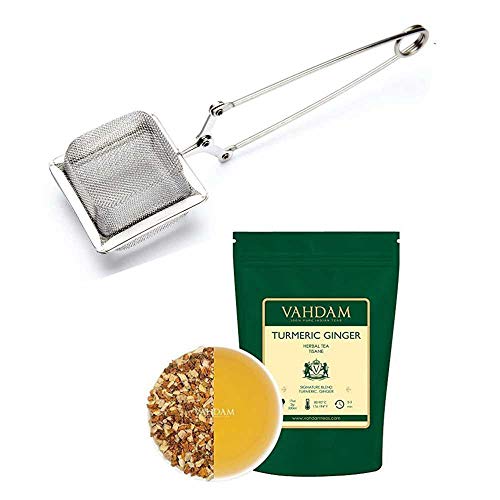 Vahdam, Turmeric Ginger Herbal Tisane (7Oz, 100+ Cups) & Square Tea Infuser- Stainless Steel Infusers For Loose Tea | Best Tea Kit To Brew Herbal Detox Tea With Superfood Benefits | Eases Pain #TOP7