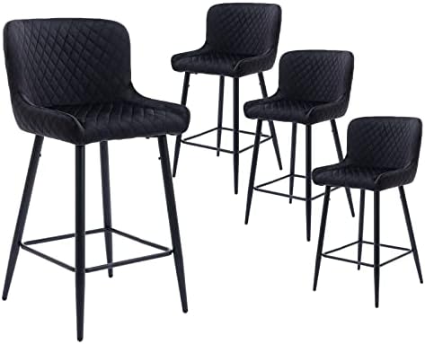 Kmax Counter Height Bar Stools Set of 4, Velvet 26" Bar Stool with Modern Metal Black Legs and Footrest for Kitchen Island Home Indoor, Black