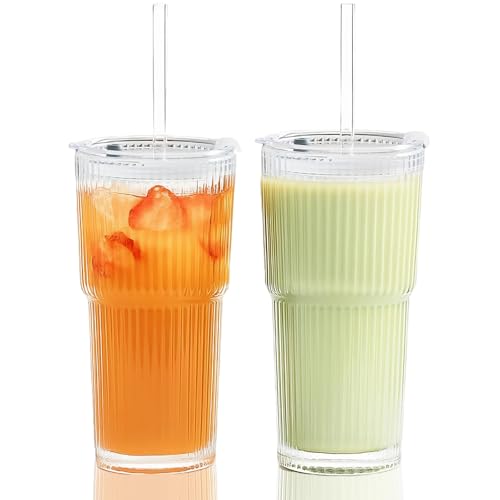 AUTOWNLUX 2 Stück 600ml Gerippte Glasbecher mit Deckel und Strohhalm, Smoothie Becher aus Glas, Trinkglas Luftdichtes und Wasserdichtes Design, Ideal als Kaffee, Saft, Tee